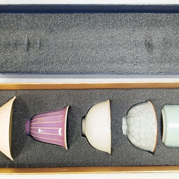 Five Famous Kilns Porcelain Tea Cup Set Chinese Decorative 5pc Gift Box NOB - Picture 9 of 13